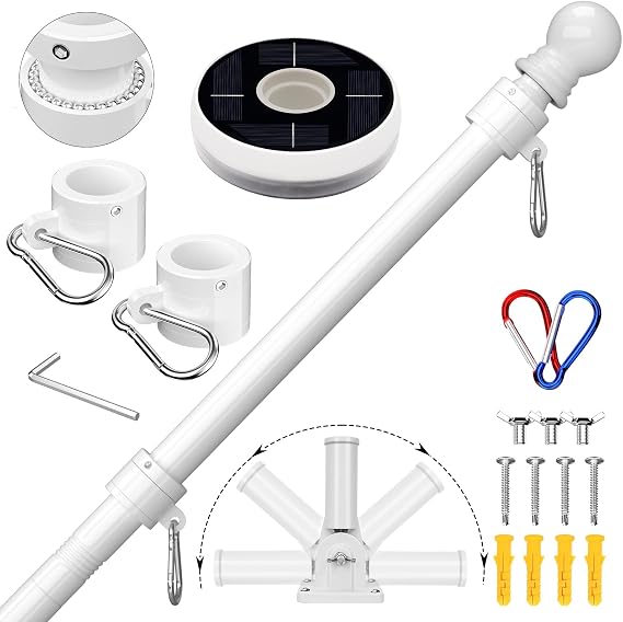 ZMTECH Flag Pole - Upgraded Bracket, 6 FT Stainless Steel Flag Poles for Outside House, Residential or Commerical, Tangle Free Flag Pole Kit for American Flag (with Solar Light, White)