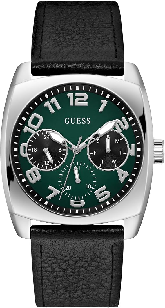 Guess メンズ 41mm 腕時計 - ブラックレザーストラップ グリーンダイヤル シルバートーンケース