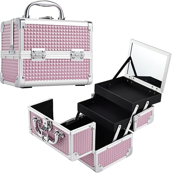 Joligrace Girls Makeup Box with Mirror Vanity Case Jewelry Organiser Nail Box Cosmetic Case Light Weight, 2 Trays Lockable with Keys Black