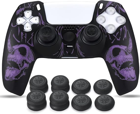 YoRHa Laser Carving Silicone Skin for PlayStation 5 Controller PS5 Controller x 1(Purple) with Pro Thumb Grips x 8