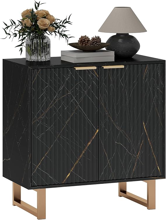 HOMCOM Sideboard Storage Cabinet, Marble Effect, 2 Fluted Doors, Black