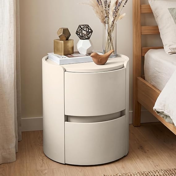 Round Bedside Table with 2 Drawers Modern Wood Side Table Solid Wood