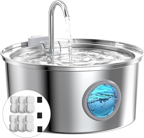 Cat Water Fountain Stainless Steel: Water Fountain Cat Bowl - 3.2L Drinking Fountains for Cats - Pet Water Dispenser - with 6 Carbon Filters + 3 Sponges