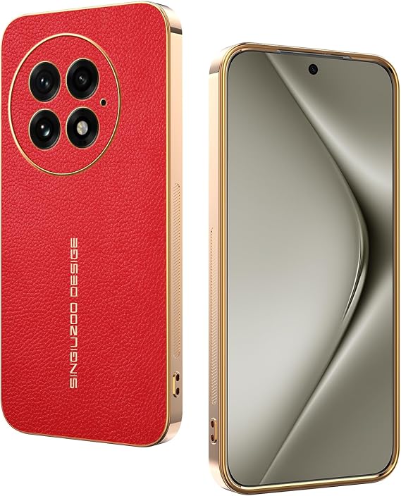 OnePlus 13用電話ケース レザー&シリコン 電気メッキ ゴールデンスレッド テクスチャケース ラグジュアリー スリム 耐衝撃 指紋防止 保護シェル OnePlus 13対応 レッド