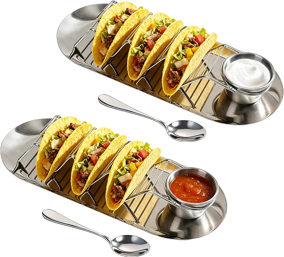 Taco Holder Set of 2, Stainless Steel Taco Stand with Tray & Sauce Cup