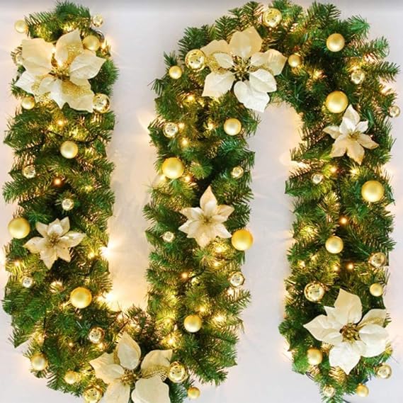 SHAVINGFUN Christmas garland,christmas garland with lights,2.7M/ 9FT Christmas Garland Decorations Illuminated with LED Lights,for Stairs Fireplaces Christmas Festive Wreath Xmas Decor (Gold)