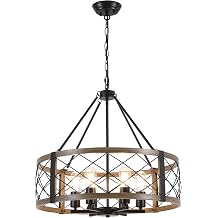 6 Lights Rustic Chandeliers Ceiling Light Living Room, Dia 55cm Industrial Metal Black Pendant Light with Wood Grain Finish, Modern Chandelier for Kitchen Hallway, Height Adjustment, E27 Base