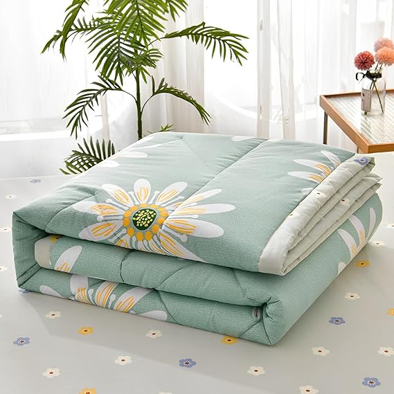Chickwin Quilted Bedspread for Double Size, 200x230cm Green Daisy Floral Printed Pattern Bedding Coverlets Lightweight Summer Bed Throws Comforter Soft Luxury Sofa Blanket for All Season