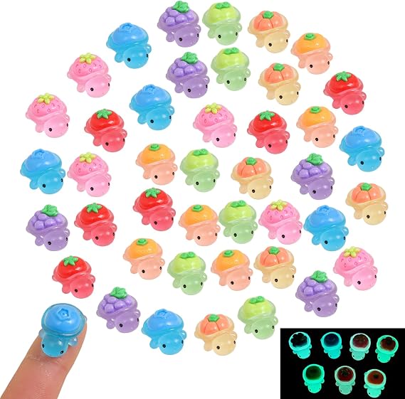PLUSHCEWT 42 Pcs Glow in The Dark Mini Turtles, Fruit & Veg Resin Animals, Tiny Plastic Animals for Fairy Garden, Aquarium, DIY Craft Supplies for Dollhouse Decor Car Dashboard Decoration Cake Toppers