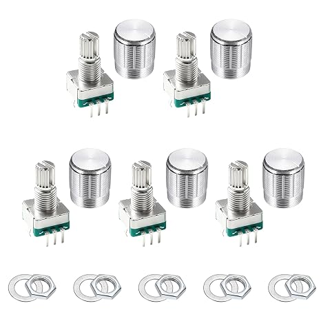 sourcing map 5Pack EC11 Rotary Encoder Code Switch, 15mm Full Shaft Digital Potentiometer 5 Pins with Push Button for Audio, DIY, Instrument Control, DVD, With Silver Metal Knob