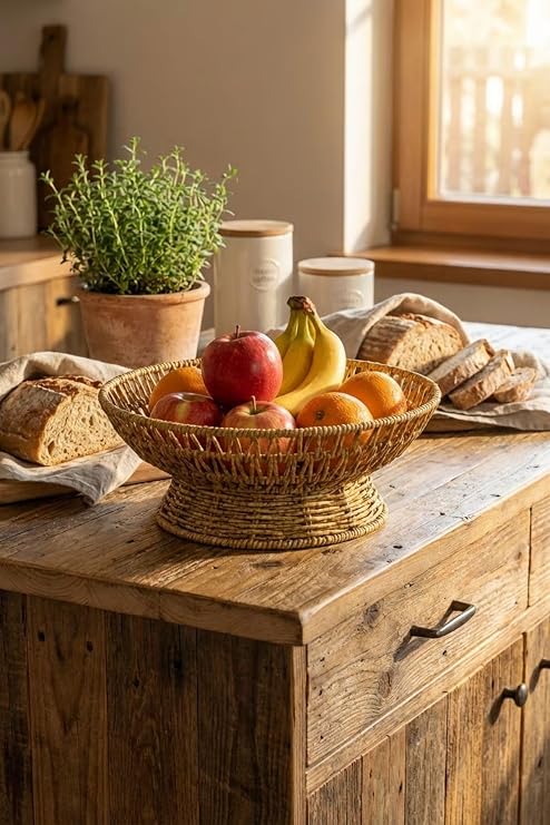 BUFFER 25 cm Plastik Rattan Servis Çanağı, Doğal Hasır Görünümlü Dekoratif Meyve Ekmek Sunum Kasesi
