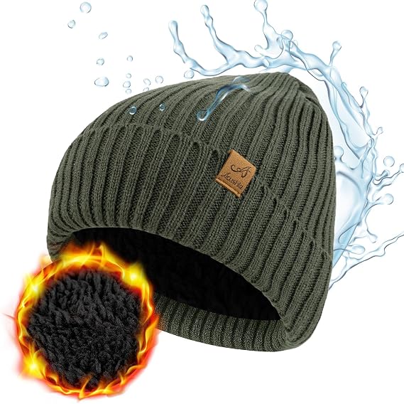 ACUSHLA Windproof Waterproof Cuffed Beanie, Thermal Fleece Lined Winter Hat