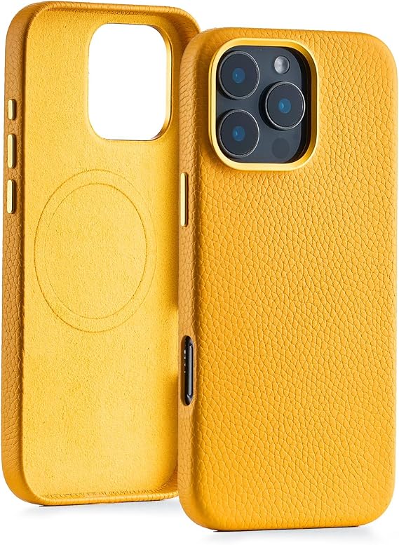 Genuine Leather Case for iPhone 16 Pro (6.3 inch), Stylish Litchi Leather case with Soft Fiber Lining, Lip Screen Protection, Compatible with MagSafe Yellow