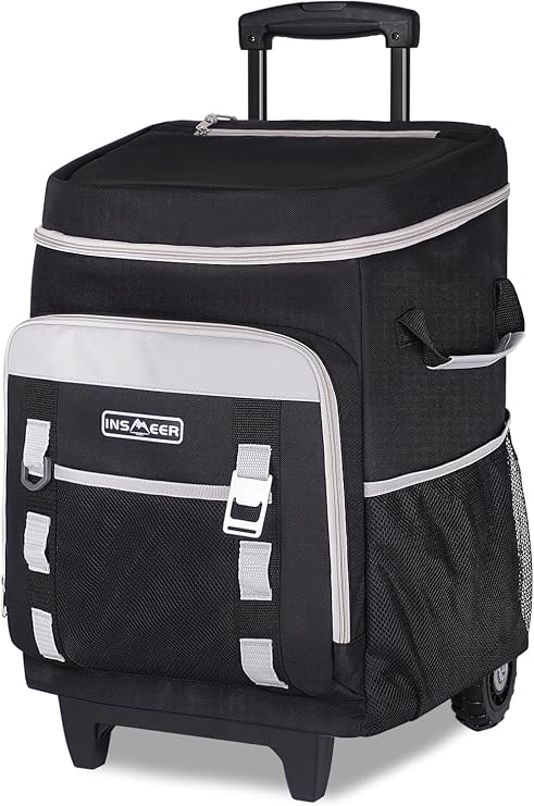 INSMEER Cool Bag with Wheels, 80 Cans/50L Cooler Bag on Wheels, Portable Soft Sided Cooler, 2-in-1 Foldable Insulated Wheeled Bags for Famliy 4 Person, Large Coolbag for Picnic Beach Grocery Shopping