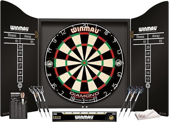 WINMAU Professional Dart Set includes Diamond Plus Dartboard - Black Cabinet - 2 Sets of Darts - Official Oche Line, 49.2 x 47 x 4.6 cm