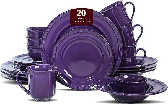 Dinner Set, 20 Piece Stoneware Dinnerware Service for 4, Dining Ware Include Plates, Bowls and Mugs, Chip and Scratch Resistant, Microwave & Dishwasher Safe, Purple