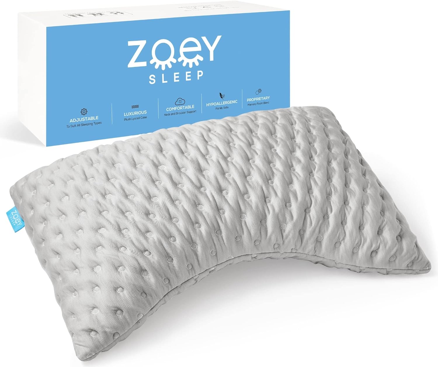 Zoey Sleep Side Sleep Pillow for Neck and Shoulder Pain Relief - Adjustable Memory Foam Bed Pillows for Sleeping - Plush Machine Washable Pillow Cover - Queen Size 19&#34; x 29&#34; Queen, Grey
