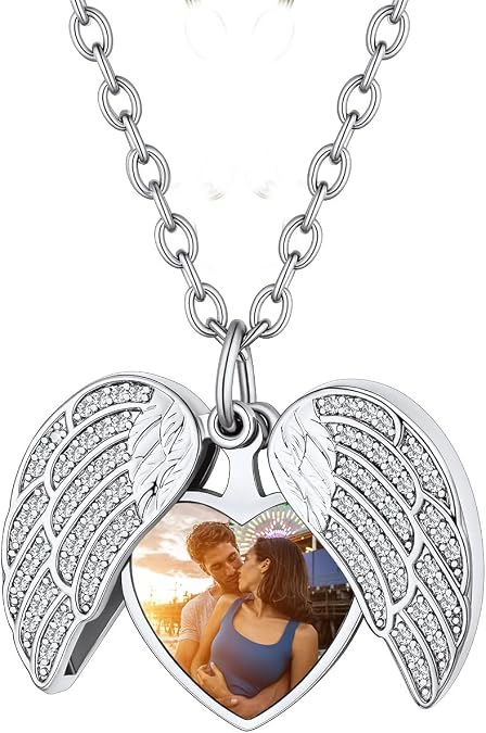 Custom4U Personalised Photo Necklace Custom Angel Wing Locket Jewellery