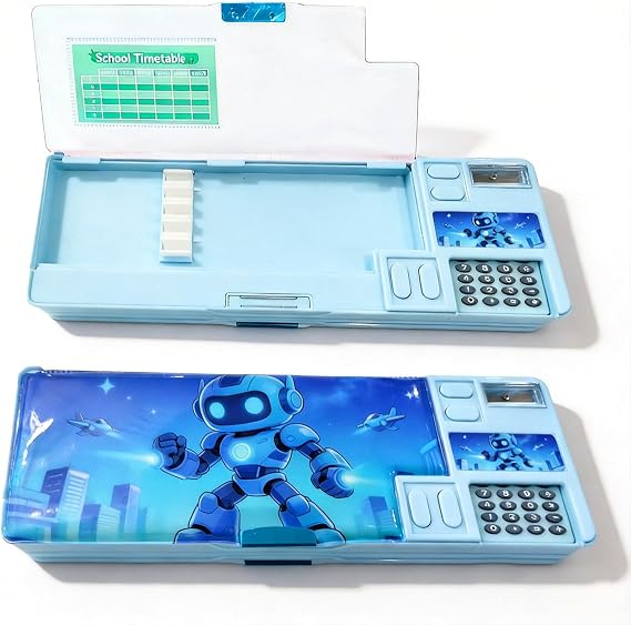 Pop Up Multifunction Pencil Case for Boys and Girls with Calculator, Sharpener, Cute School Supplies Pencil Box, Stationery Organizer, Best Gift Birthday Present for Kids (Blue Robot)