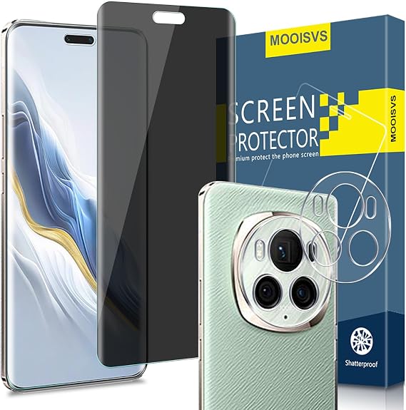 Honor Magic 6 Proプライバシー強化ガラススクリーンプロテクター2枚入り+カメラレンズプロテクター2パック、ウルトラHD強化ガラスフィルム、スパイ防止、硬度9H、アンチスクラッチ、気泡ゼロ。