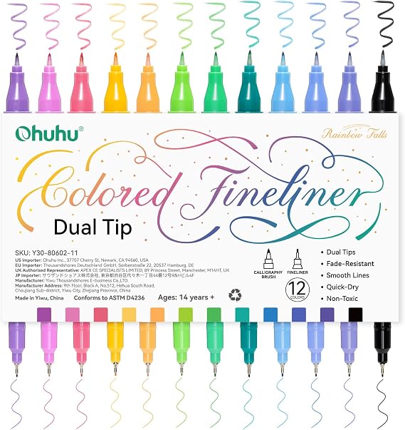 Ohuhu Fineliner Pens, 12 Colours Waterproof & Alcohol-proof Calligraphy Brush & Fine Dual Tips Fineliners for for Adults Artists & Beginners Drawing Sketching Bullet Journal Outlining Office Class