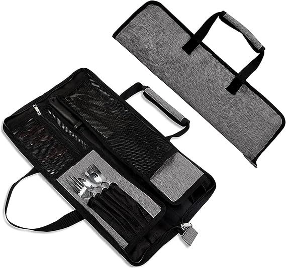 Qchengsan Chef’s Knife Roll Bag, Heavy Duty Oxford Chef Knife Bag, Portable 13 Slots Chef Knife Case, Multi-Function Cutlery Knives Pouch Holder Knife Wrap Wallet Tool Roll (Grey)