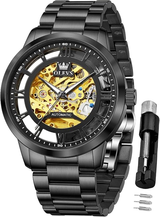 OLEVS Mens Watch Automatic Mechanical Blue Face Winding Moon Phase Stainless Steel Two Tone Date Waterproof Luminous
