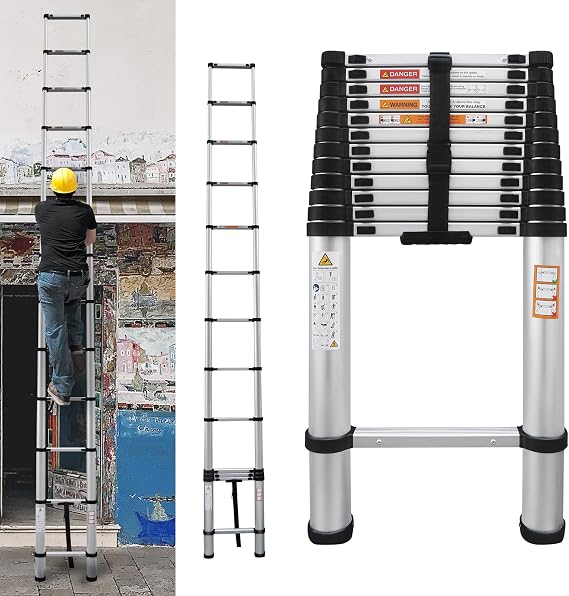 Telescopic Extendable Ladder Folding Extension DIY Outdoor Aluminium Ladder with Non-Slip Feet, Portable Retractable Climbing Ladder for Household and Outdoor Working (3.8 m/12.5 ft)