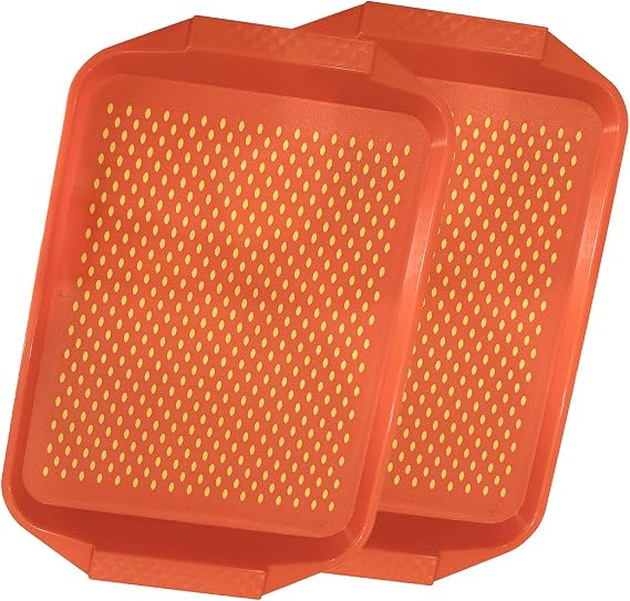 Non-Slip Food Serving Tray with Handles, 2 Pack Rectangular Food Trays for Eating On Couch Bed Lap, Anti-Slip Plastic Breakfast Tray Large Serving Tray for Toast Fruit Party (2, Orange)