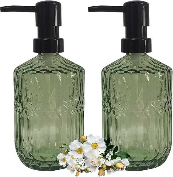 Glass Soap Dispenser Set, 15oz, Green, 2 Pack