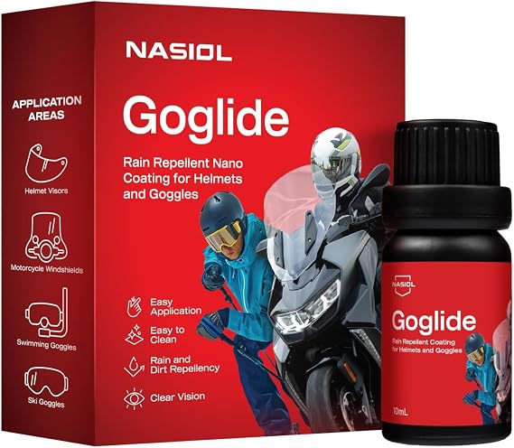 Nasiol GoGlide Nano Yağmur Kaydırıcı – Motosiklet Vizörleri, Kasklar ve Gözlükler için, Uzun Süreli Etki, Geliştirilmiş Net Görüş, Güvenli Sürüş, 10ml