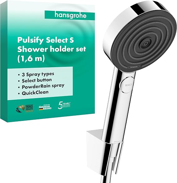 hansgrohe Pulsify Select S duş seti, hortumlu ve tutuculu duş başlığı, 3 püskürtme türüne sahip duş başlığı, krom
