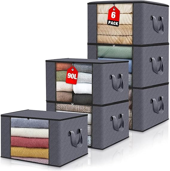 6 Pack Foldable Clothes Storage Bags with Durable Handles, Zipper Storage Box with Lid & Transparent Window, Heavy Duty Cloth Pouches for Moving, Packing, Storing Toys, Bedding, Seasonal Change (90L)