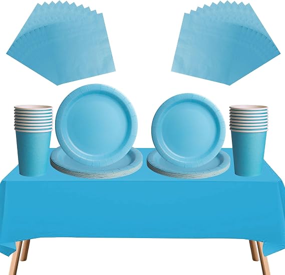 69pcs Blue Disposable Tableware Set - 20 Napkins, 16 Cups, 16pcs 7inch and 9inch Plates, 1pcs Blue Tablecloths | Biodegradable Dinnerware for Birthdays, Weddings, Kids Adult Christmas Party