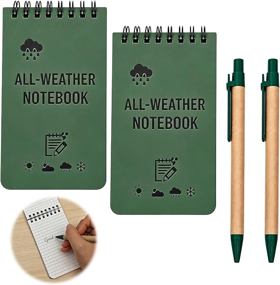 Mini Waterproof Notebook, 2 Pack 3x5in Pocket Notepads with 2 Kraft Paper Pens, All-Weather Top-Spiral Memo Pads Grid Paper Tactical Steno Pads 100 Page Mini Notebook for Outdoor Office School Green