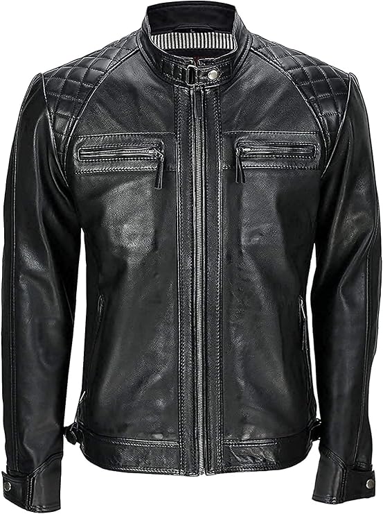 Mens Biker Quilted Real Soft Leather Jacket-Vintage Distressed Motorcycle Cafe Racer Leather Jacket, Smart Casual Biker Style Jacket