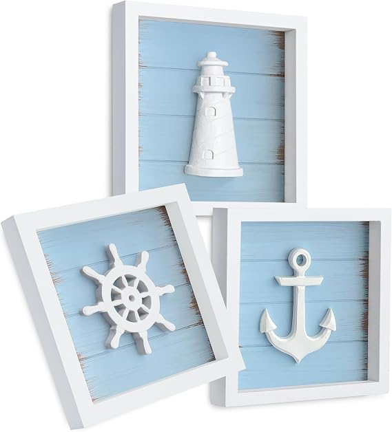 Tide and Tales Nautical Wall Art, Bathroom Wall Decor, Set of 3, Sky Blue