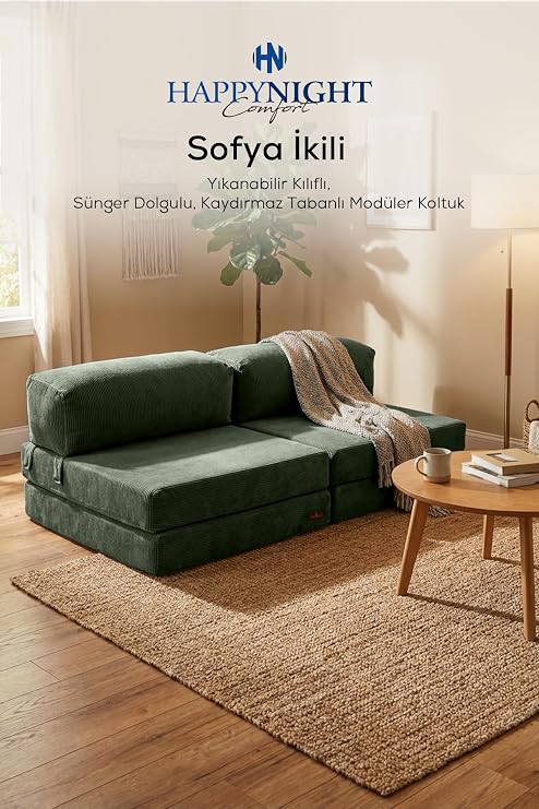 Sofya İkili Koltuk Düz Kol| Oyun Koltuğu | Sünger Koltuk | Sinema Koltuğu. 90x190 CM (Yeşil)