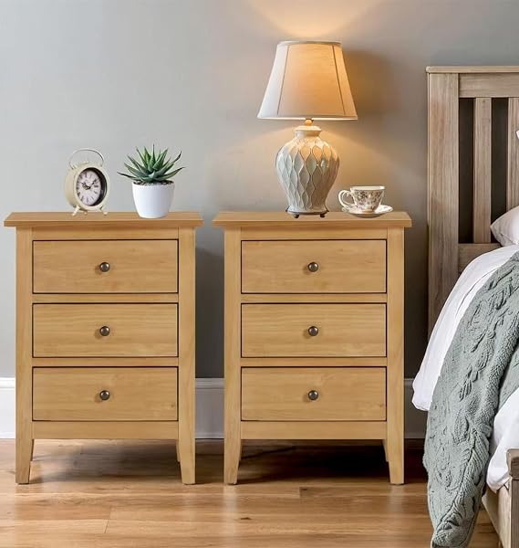 Hallowood Furniture Aston Bedside Table with 3 Drawers, Side table set of 2