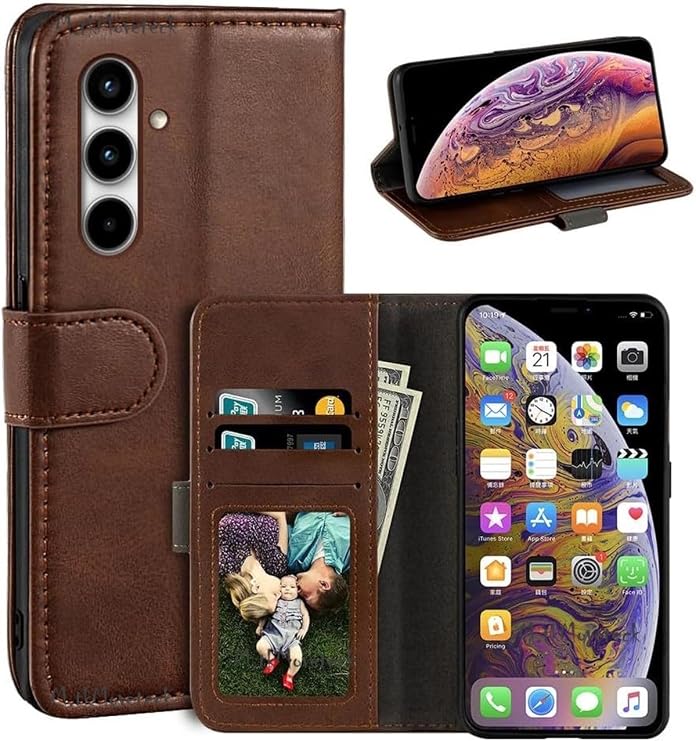 M.TK moveteck Samsung Galaxy A35 Kılıf 360 Tam Kaplar Deri Dokulu Kapaklı Cüzdan Standlı Kartvizitli Kapak, Kahverengi, Tek Ebat, delüx-a35-kahverengi