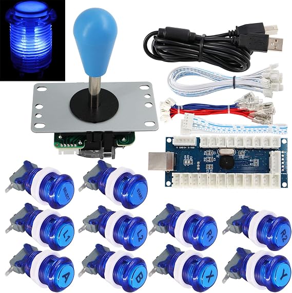 SJ@JX Arcade Game Stick DIY Kit Buttons with Logo LED 8 Way Joystick USB Encoder Cable Controller for PC MAME Raspberry Pi Blue