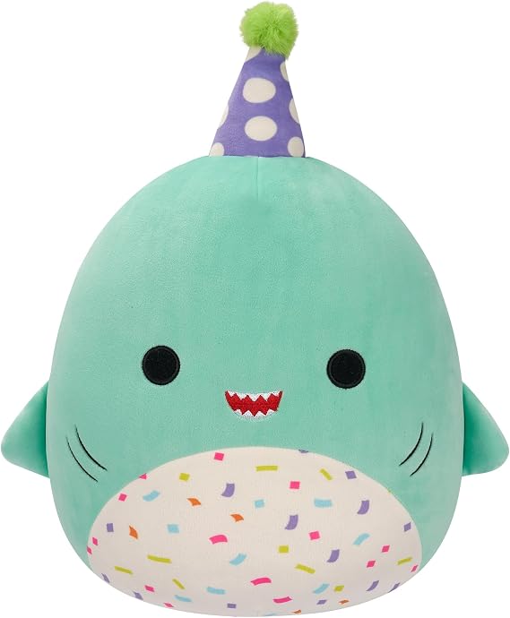 Squishmallows Original 12-Inch Sharon the Teal Shark with Party Hat + Confetti Belly - Official Jazwares “Happy Birthday” Plush (Medium-Sized)