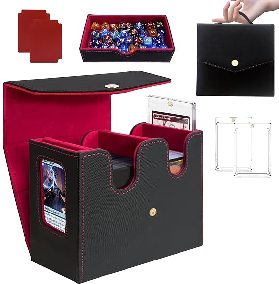 Commander Deck Box, Trading Card Storage Box with Handle & Dice Tray Holds to 230+ Double Sleeved Cards, Durable Button Design Double Deck Box Suitable for Basketball/Baseball/Sports Cards (Black&Red)
