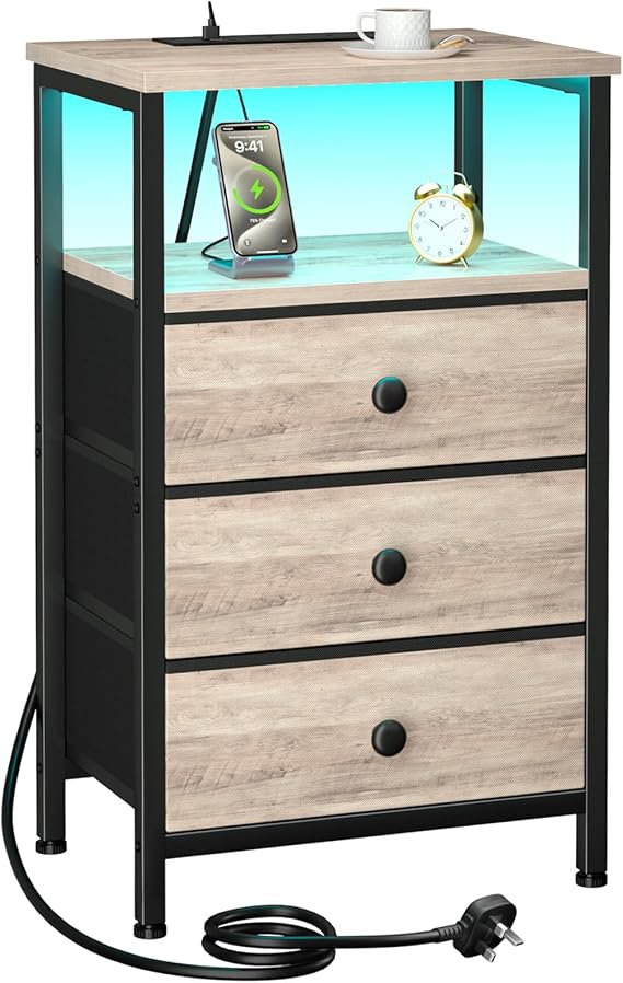 LOAKEKEL Bedside Table with Charging Station, Side Table with 3 Drawers