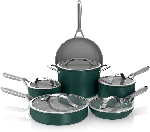 Ninja NeverStick Ceramic Pro 11-Piece Cookware Set, Non-Stick Pots and Pans, Glass Lids, Ceramic Coated, Stainless Steel, Stove to Oven Safe, All Stovetops, Induction Compatible, Green, CW39011GN