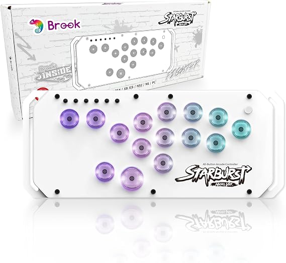 Brook Fighter Starburst Premium Ver. All-Button Arcade Controller for PS5, PS4, Xbox Series X|S, NS, NS2 & PC, Metal Side Handles, Hot-Swappable Switches, RGB Lighting (White)