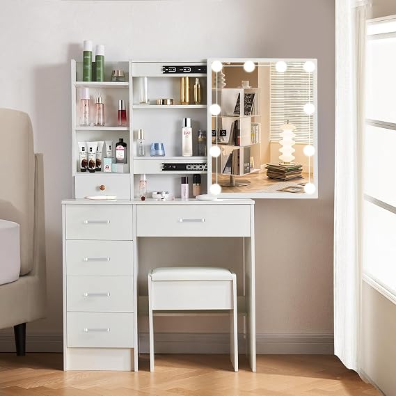 Makeup Vanity with Lights and Mirror, 3 Light Modes, Dressing Table with Stool and 6 Drawers + 6 Shelves, White MDF for Bedroom, 80 x 36 x 130 cm