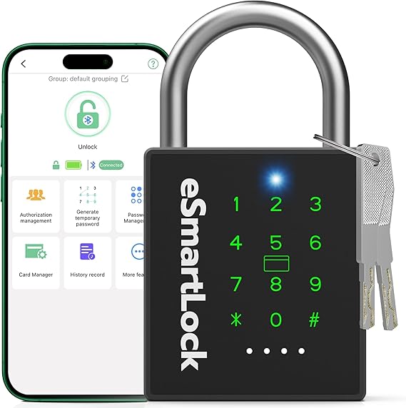 Eseesmart New Heavy Duty Smart Padlock, Bluetooth Padlock with Key Code and RFID, Outdoor Weatherproof Electronic Key Combination Lock for Gate, Sheds, Fence, Garage, Locker, Container-Black
