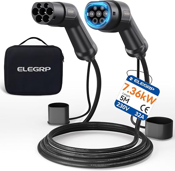 ELEGRP Type 2 EV Charging Cable, 7.36kW 5M 32A 1-Phase, Type 2 Mode 3 Charging Cable for Electric Vehicles EV/PHEV with Carrying Bag