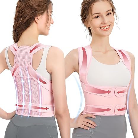 Posture Corrector for Women Men Back Support Brace Adjustable Shoulder Neck Lumbar Belt Strap Spinal Posture Correction Relieve Upper Back Shoulders Pain for Home Office Gym (Black, M) (Pink, L)
